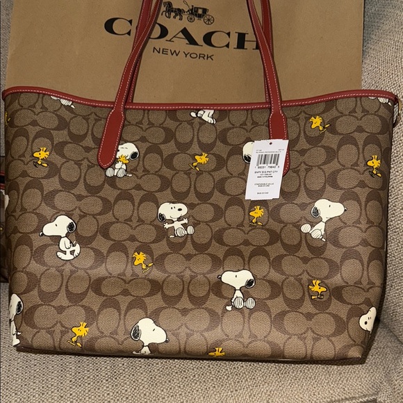 Coach X Peanuts City ToteBrown and Redwood Signature Tote CF166 - Picture 2 of 6